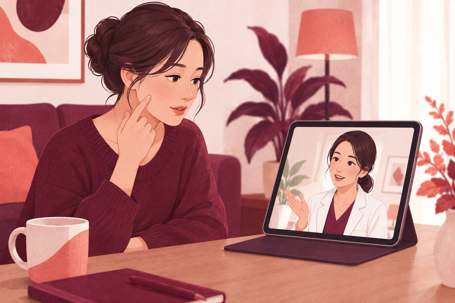 自宅から画面越しに肌の悩みを相談する女性のイメージイラスト